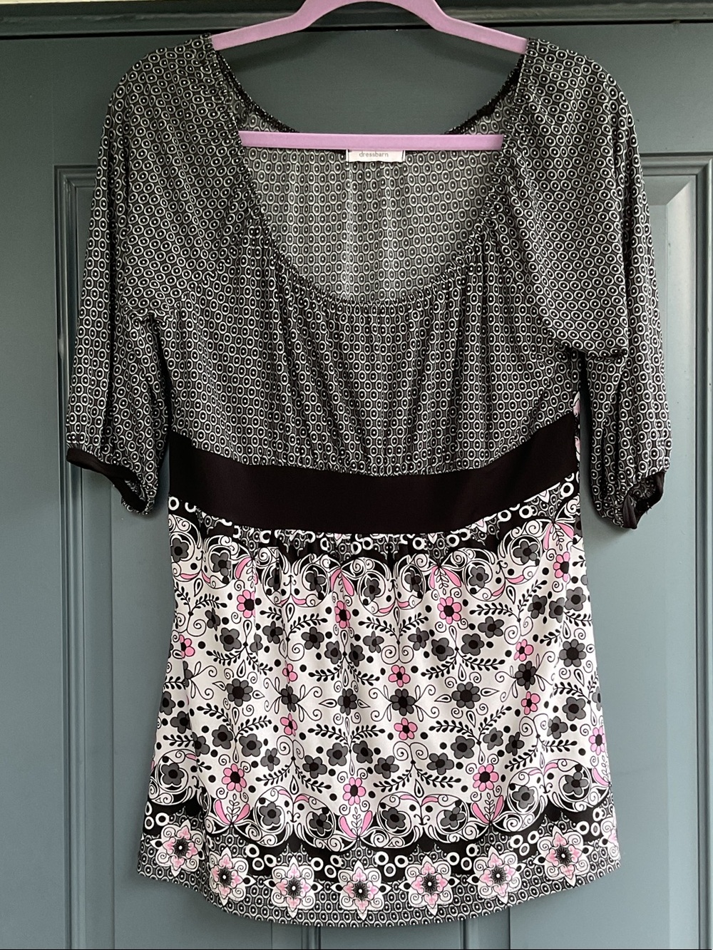dressbarn Black, White & Pink Mixed-Print Scoop-Neck Tunic Top, Size M